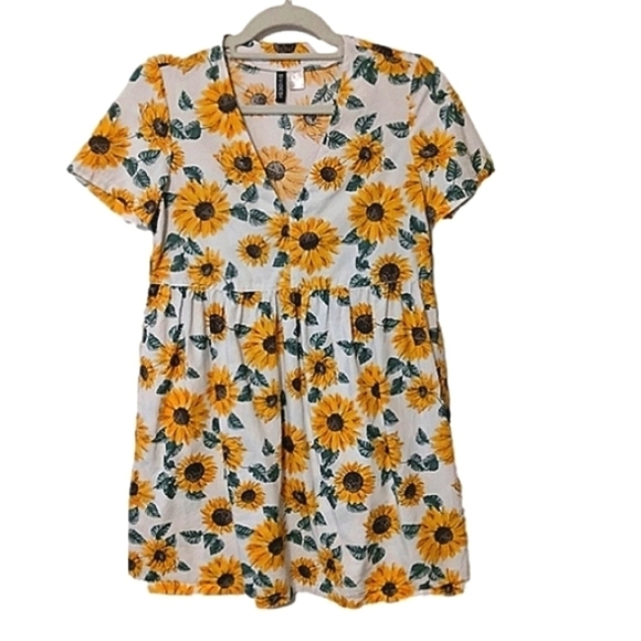 H&m Sunflower Print 100% Cotton Short Sleeve V-Neck Babydoll Mini Dress XS - Picture 1 of 5
